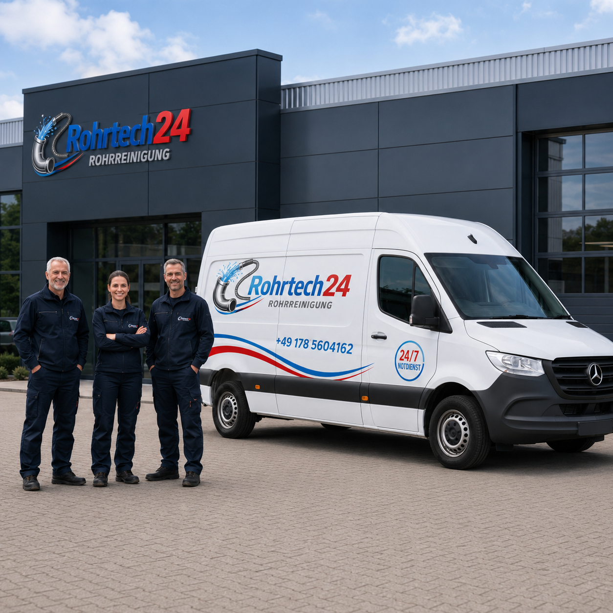 Rohrtech24 Team mit Rohrreinigungsfahrzeug vor dem Firmenstandort