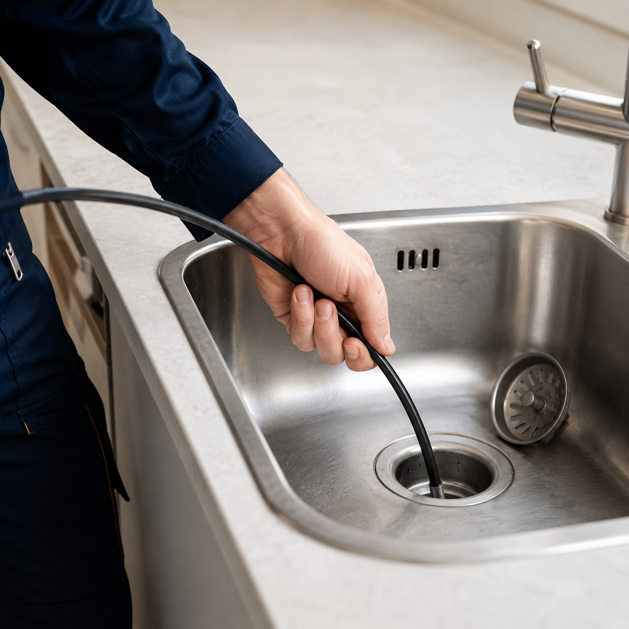 Rohrtech24-Techniker bei der professionellen Reinigung eines Küchenabflusses