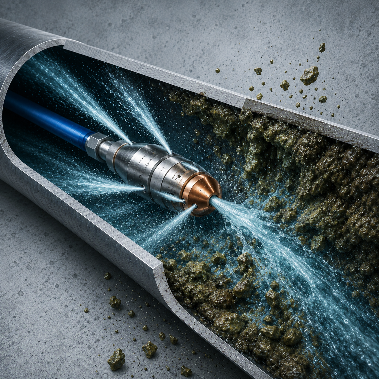 Technische Darstellung einer Hochdruckspülung in einer verschmutzten Rohrleitung