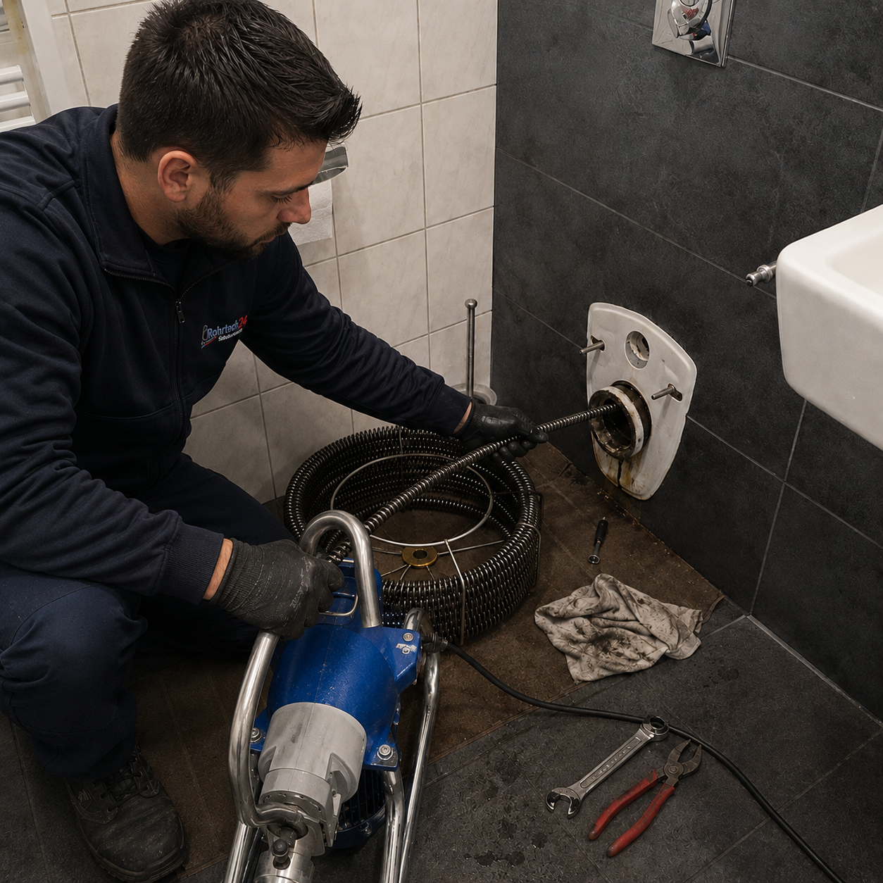 Rohrtech24-Techniker bei einer mechanischen Rohrreinigung am geöffneten WC-Anschluss