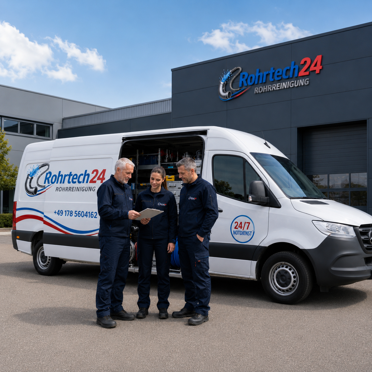 Rohrtech24 Serviceteam vor dem Einsatzfahrzeug und Firmengebäude